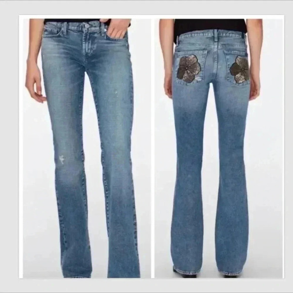 7 For All Mankind Maribel Original Bootcut Jeans Beaded Flower Pockets Size 28 - Picture 1 of 10